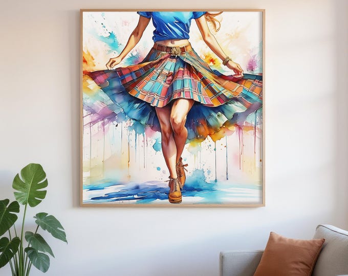 Art Print Scottish Country Dancer in a Tartan Skirt - UK Heritage Art, British Art