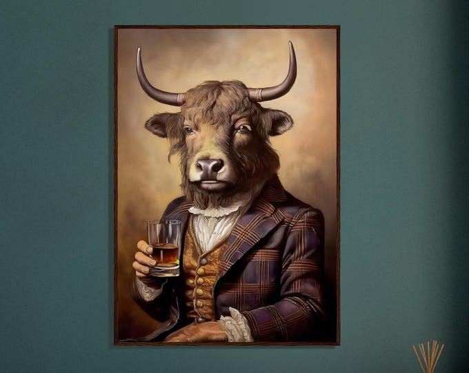 Wooden Framed Poster Victorian Hairy Cow Art Print - Highlander Cow Drinking Whiskey