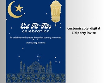 Puede incluir: Una invitación digital azul y dorada para una celebración del Eid al-Fitr. La invitación presenta una luna creciente, una estrella, una linterna y una mezquita. El texto dice "Celebración del Eid al-Fitr" y "Para celebrar el fin del Ramadán de este año. En [este lugar, a esta hora]" y "Invitación digital personalizable para la fiesta del Eid".