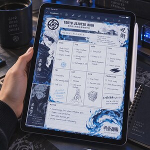 May include: A digital tablet displaying a Jujutsu Kaisen themed weekly planner template in GoodNotes. The layout features blue ink illustrations of characters, Japanese text, and a grid for daily tasks. The screen shows a Tokyo Jujutsu High header.