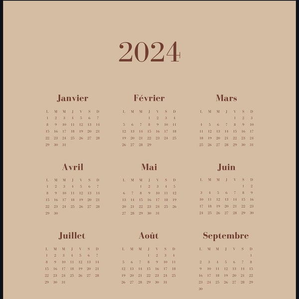 Calendrier mensuel PDF 2024