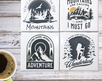 Engraved Nature Ceramic Coaster Set - PNW Mountain Designs