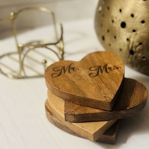 Heart Wood Coaster Mr & Mrs Coaster Personalizable Wedding Date Coaster Custom Last Name Coaster Wedding Gift Engraved Wood Coaster