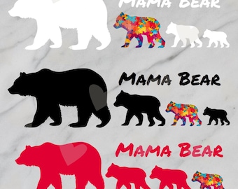 Mama Bear 3 Cubs Autism Awareness SVG PNG JPG (Digital Download)