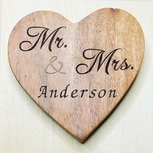Heart Wood Coaster Mr & Mrs Last Name Coaster Personalized Wedding Date Coaster Custom Wedding Gift Engraved Wood Coaster With Stand