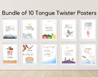 May include: A set of 10 printable posters featuring tongue twister phrases. Each poster has a colorful illustration and white background. The phrases include: "I saw Susie sitting in a sunshine shop", "Peter Piper picked a peck of pickled peppers", "I saw a kitten eating cookies in the kitchen", "I scream, you scream, we all scream for ice cream", "Red leather, yellow leather", "A proper copper coffee pot", "How can a clam cram in a clean can", "The crest crew grow crest green grapes", "She sells seashells by the seashore", and "Tou know you need to, you know you need unique NY".