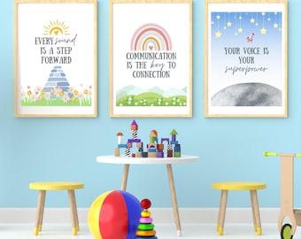 May include: Three framed prints with inspirational quotes for children's rooms. The first print features a yellow sun and a gray pyramid with the text "EVERY sound IS A STEP FORWARD". The second print features a rainbow with the text "COMMUNICATION IS THE key TO CONNECTION". The third print features a blue sky with stars and a rocket with the text "YOUR VOICE IS YOUR superpower".