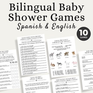 May include: A set of ten printable baby shower games in Spanish and English. The games include "Guess Who? Mom or Dad", "Animal Pregnancy", "Guess the Price", and "Who Knows Mommy Best?"