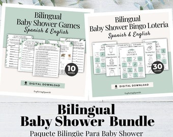 Bilingual Baby Shower Bundle- 10 Games & Bingo in English and Spanish/ Paquete Bilingüe para Baby Shower- 10 Juegos y Loteria