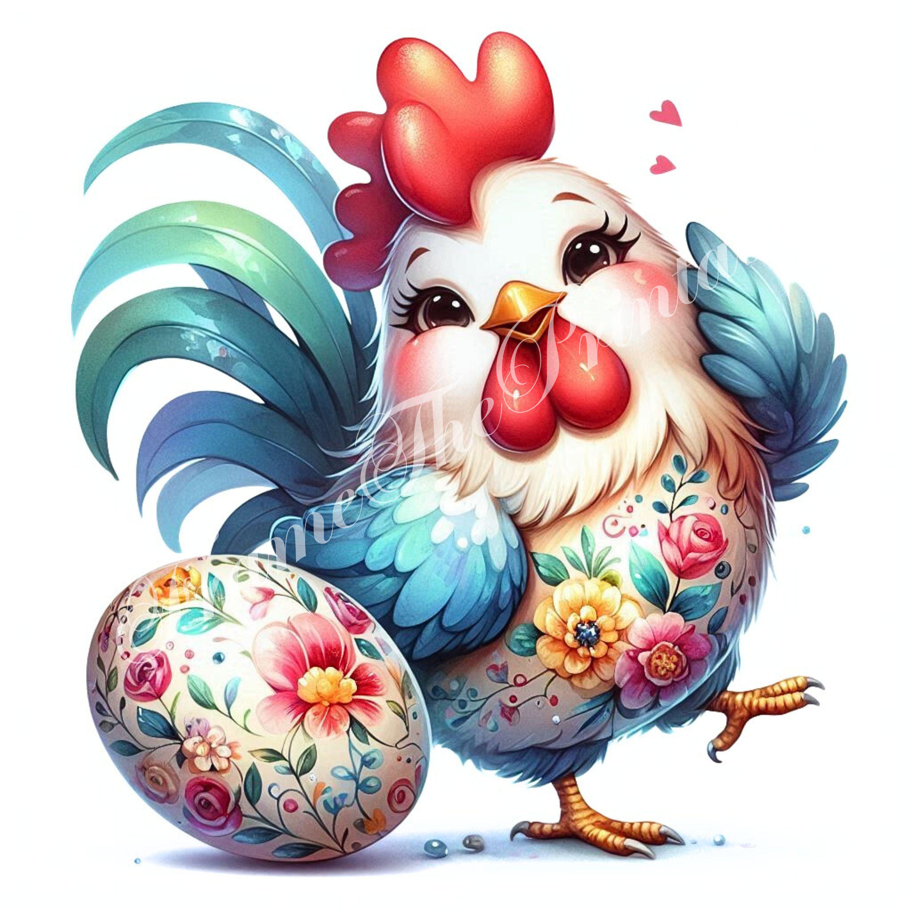 Spring Rosters Easter Floral Easter Roster Clipart, Chicken With Egg High Res, Watercolour ...