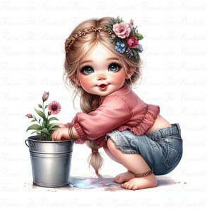 May include: A digital illustration of a young girl with blonde hair, blue eyes, and rosy cheeks, wearing a pink top and denim shorts. She is tending to a potted plant with pink flowers in a silver bucket. The girl has a floral headband.