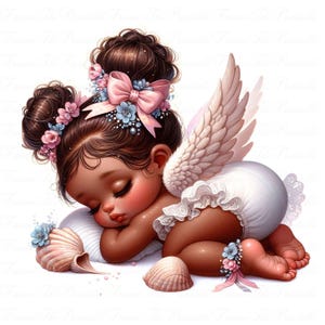 30 afrikanische Engel Baby Mädchen Clipart, Muschel Fee PNG-Bilder, schlafende Kleinkind Flügel Kunst, Pastell See Baby, niedliche Bär Kinderzimmer Grafik, 300 DPI