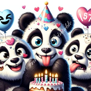 10 eccentrici panda compleanno clipart stravagante divertente animale festa bundle acquerello arte fantasy spazzatura diario scrapbook digitale creazione di biglietti