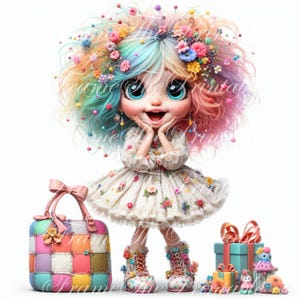 Clipart di compleanno di una ragazza eccentrica, immagini effimere stravaganti in formato JPG, uso commerciale, diario fantasy, carta da parati, download di immagini stampabili di bambole carine