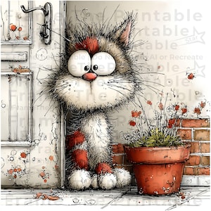 May include: A cartoon cat illustration peeking from a doorway. The cat has large eyes, a pink nose, and a fluffy, multi-coloured coat. A terracotta pot with red flowers sits next to a brick wall, adding a touch of colour.