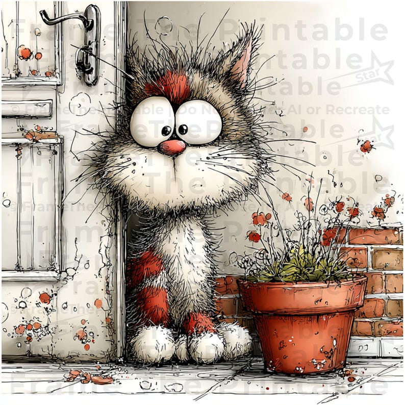 May include: A cartoon cat illustration peeking from a doorway. The cat has large eyes, a pink nose, and a fluffy, multi-coloured coat. A terracotta pot with red flowers sits next to a brick wall, adding a touch of colour.