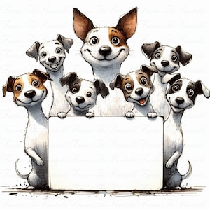 Paquete de imágenes prediseñadas de perros adorables y peculiares, cachorros graciosos PNG, perros de dibujos animados en acuarela, arte kawaii de mascotas, descarga digital, sublimación, arte para scrapbooking