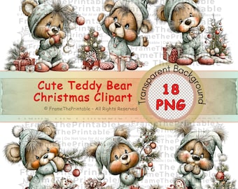 Whimsical Christmas Teddy Bear Clipart Set, Holiday Pajama Bears, Gifts And Trees, 18 PNG