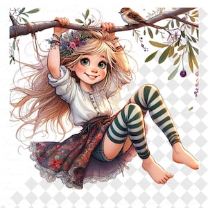 Wunderliche Mädchen Clipart PNG Bundle, Märchen Kinder Schaukel Blumen, transparenten Hintergrund, Boho Waldkunst für Sublimation Handwerk, Kinderzimmer