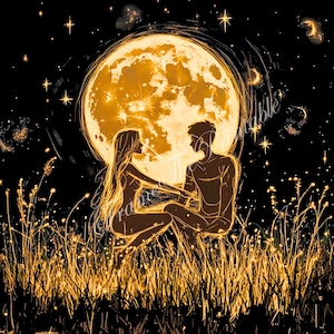 Imágenes prediseñadas de niña y niño enamorados con luna, pareja joven caprichosa, diario basura de alta resolución, álbum de recortes, creación de tarjetas, descargas digitales, fantasía