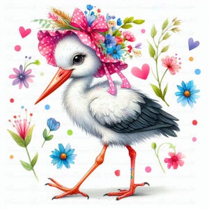 12 wunderliche Storch Clip Art, Aquarell Vogel Illustrationen, digitale Blumen Fantasie Clipart, Sofortiger Download JPG 300 DPI, kommerzielle Nutzung