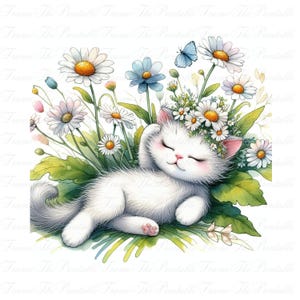 Floral Kitten Clipart, Cute Cats in Flowers Watercolour PNG, Boho Sleeping Kitty Graphics, Digital Download for Nursery, Paper Craft Art