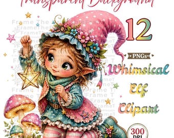 Whimsical Elf Clipart, Magical Storybook Adventures, 12 Transparent PNGs