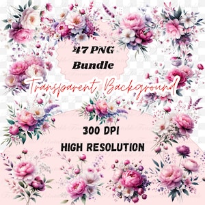 Rosa Pfingstrosen Hochzeit Blumen Clipart, Rosa Blumensträuße, Aquarell Blumenmuster Set, Karten & Einladung Rosa Sammlung Kunst Bundle