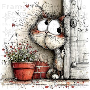 May include: A charming watercolour illustration of a cat with large eyes, peeking from behind a white door. The cat has orange and white fur. A terracotta pot with red and white flowers sits beside a brick wall, adding colour to the scene.