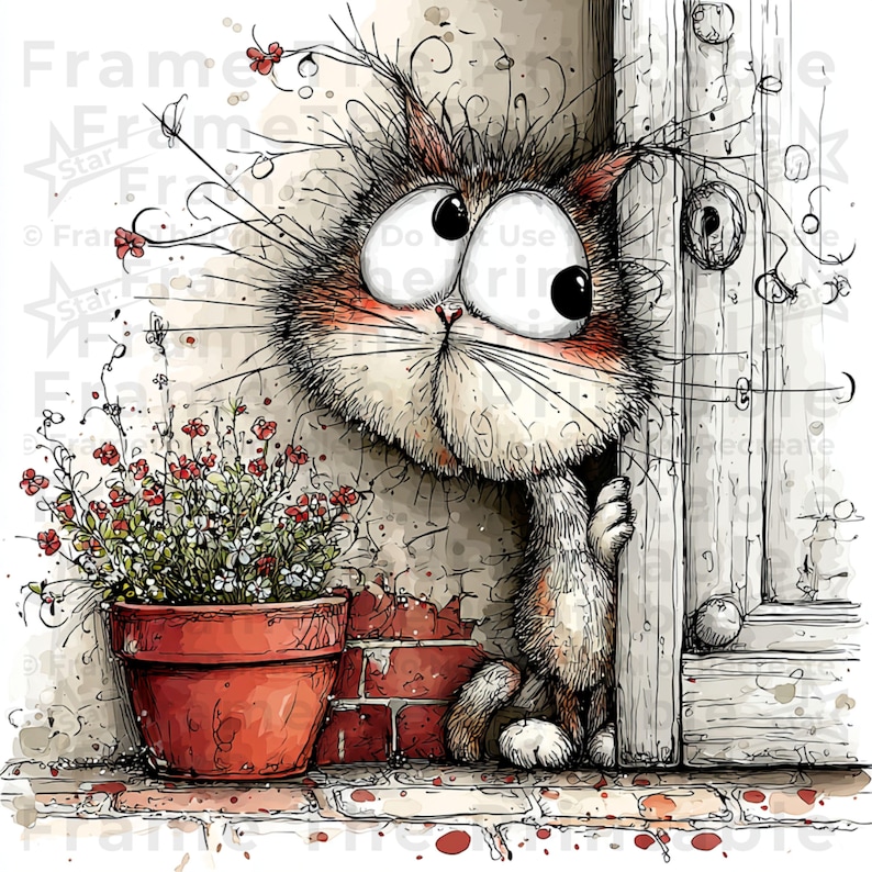 May include: A charming watercolour illustration of a cat with large eyes, peeking from behind a white door. The cat has orange and white fur. A terracotta pot with red and white flowers sits beside a brick wall, adding colour to the scene.