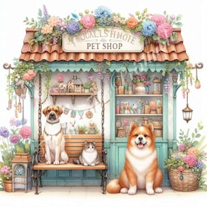 Può includere: Un negozio di animali domestici pittoresco con un baldacchino verde e un cartello che recita "Qualls Hoie Pet Shop". Ci sono fiori e piante appese al baldacchino. Un cane marrone e bianco è seduto su una panchina con un gatto. Un cane arancione e bianco soffice è seduto davanti al negozio.