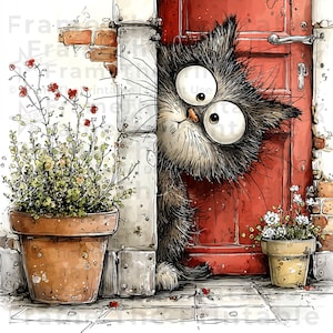 May include: A charming watercolour illustration of a cat with large eyes, peeking around a corner. The cat has grey fur. A red door and potted plants with red and white flowers are also visible in the image.