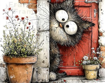 Whimsical Peeking Cat Clipart, Quirky Funny Cats Watercolor Illustrations, 12 PNG Digital Download