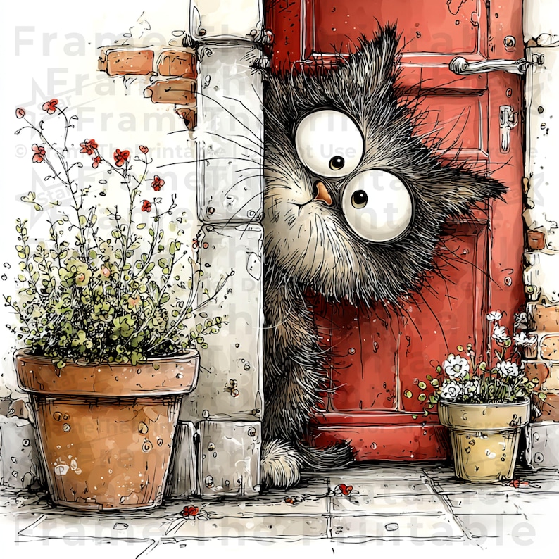 May include: A charming watercolour illustration of a cat with large eyes, peeking around a corner. The cat has grey fur. A red door and potted plants with red and white flowers are also visible in the image.