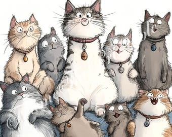 May include: A group of nine cats with different coloured fur and expressions. They are all sitting or standing in a row, looking at the viewer. Some of the cats have collars with tags.