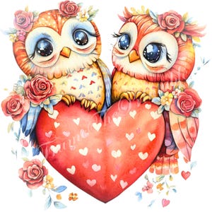13 schrullige Valentine Eulen Clip Art Aquarell High Res JPG Schüttgut Junk Journal Scrapbook Karten Make Skurrile Vögel Fantasy Kommerzielle Lizenz