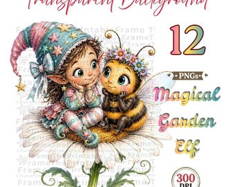 Magical Garden Elf Clipart, Spring Floral Fantasy, 12 Transparent PNGs
