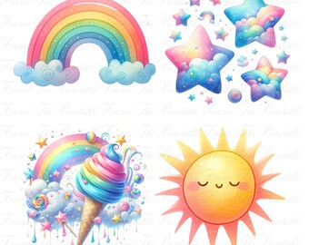 Whimsical Rainbow Clipart, 33 PNGs, Stars Moon Clouds, Pastel Theme Transparent Background Commercial Use For Cards Crafts and Sublimation
