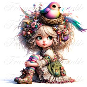 Menina Bonita e Peculiar com Ninho e Pássaros Clipart Uso Comercial Caprichoso Ephemera JPG Fantasia Junk Journal Papel Artesanato Boneca Bonita Downloads Imagens