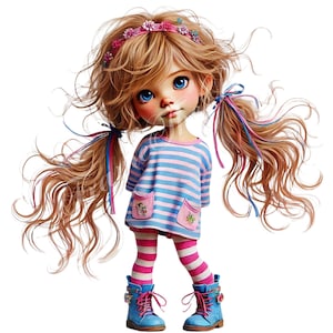 Linda niña con camisa a cuadros, acuarela, JPG. Arte para uso comercial, ideal para diario creativo, álbumes de recortes, creación de tarjetas y descarga digital. Muñeca caprichosa.