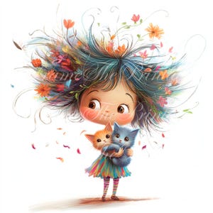 Chica peculiar y caprichosa con gatito Lindas imágenes multicolores JPG PNG Clipart 21 tarjetas con imágenes invitación álbum de recortes Descargar imprimible a granel