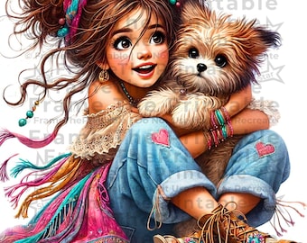 Imágenes prediseñadas de 10 mejores amigas: chica con cachorro, paquete de arte digital, chica caprichosa con animal, adorable arte, diario de fantasía, álbum de recortes, papel digital