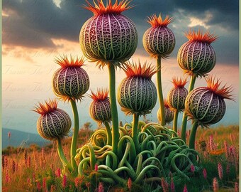 Imágenes prediseñadas de plantas fantásticas alienígenas, PNG botánico surrealista, arte floral de ciencia ficción, sublimación de paisaje natural con IA, arte mural digital de fantasía imprimible
