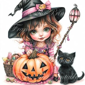 Halloween Cute Little Girl Witch Pumpkin black Cat Clipart Image Cartoon Doll Ephemera Commercial Fantasy Junk Journal Paper Craft JPG PNG