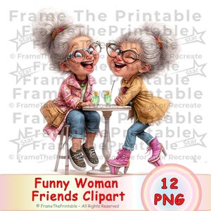 Funny Quirky Women Friends Clipart, Two Humorous Ladies Digital PNG, Whimsical Women Illustration for Scrapbook, Cards, DIY Crafts