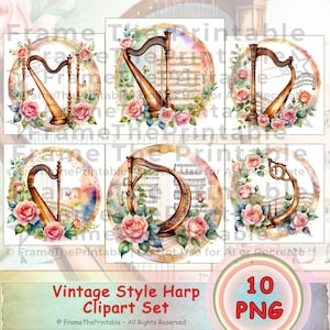 Vintage Harfe Clipart Aquarell Floral PNG Musik Illustration Hochzeit Musik Grafik Set
