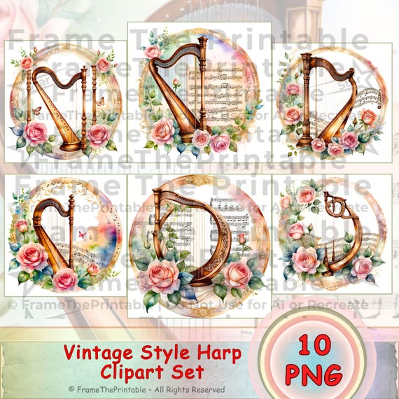 Vintage Harp Clipart Watercolor Floral Instrument PNG Music