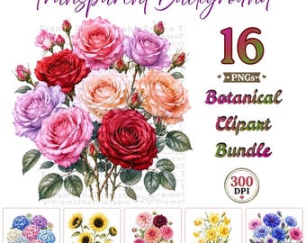 Botanical Clipart Bundle, Watercolor Flower PNG, Floral Clipart Collection, Vintage Wildflower Graphics, Roses Tulips Sunflowers Dahlias