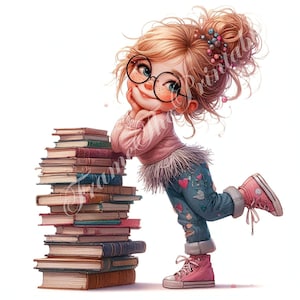 Puede incluir: Una ilustración de dibujos animados de una niña con cabello rubio que lleva gafas rosas, un suéter rosa, jeans azules y zapatillas rosas. Ella se apoya en una pila de libros.