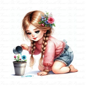 May include: Watercolor illustration of a young girl with blonde braids, wearing a pink top and denim shorts, watering flowers in a metal bucket. She has a floral hairpiece and is kneeling on the ground.